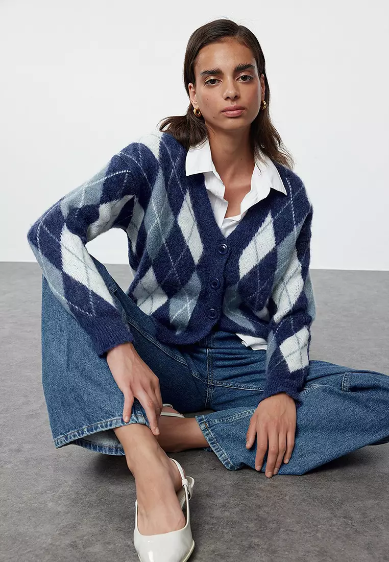 Dark Blue Soft Texture Plaid Patterned Knitwear Cardigan Twoaw25Hi00276