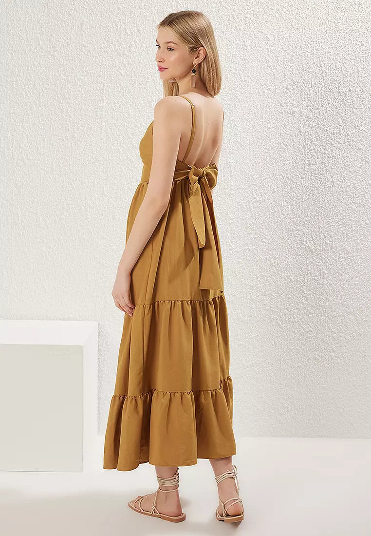 Fat Green Skirt With Flounce Back Tie Detail Strappy Maxi Woven Dress