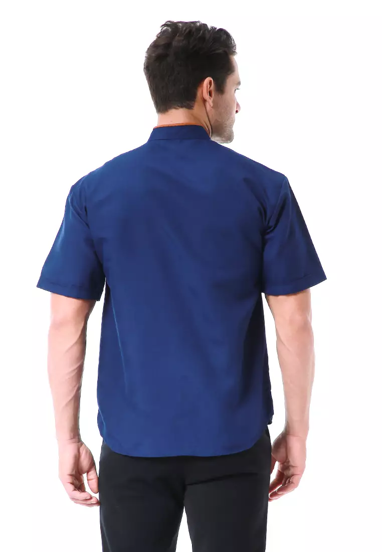 Leopold Kemeja Koko Pria Lengan Pendek Motif Bordir Material Cotton ORIGINAL - Navy