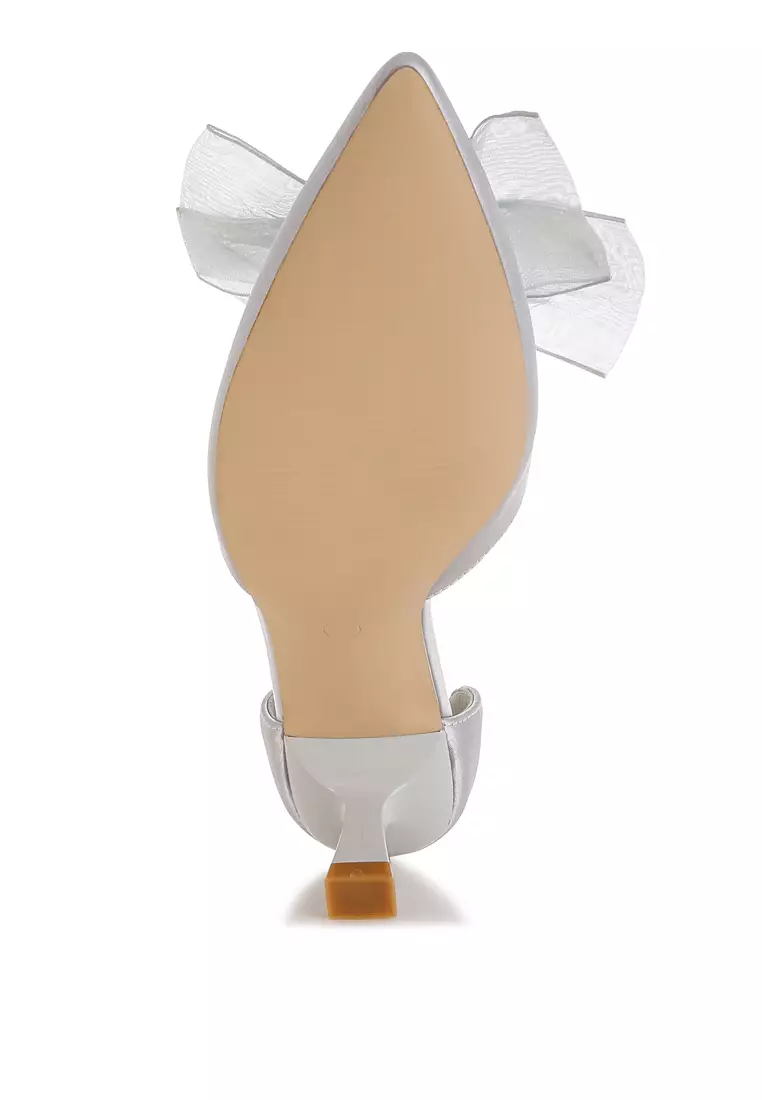 Bow Detail Satin Sandals in Silver