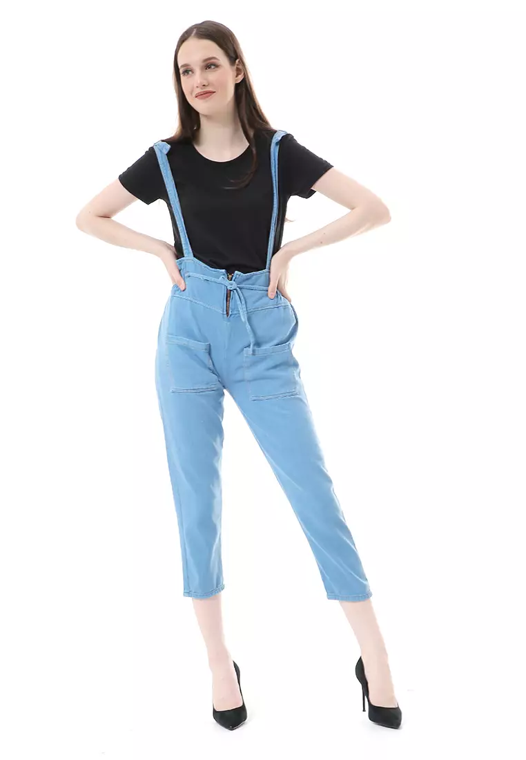 Vini Jeans Jumpsuit Kodok Wanita Sleeveless - Esblue