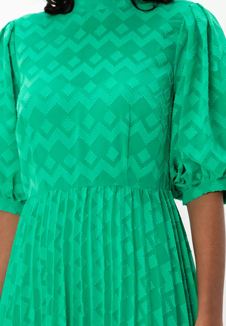 High Neck Pleated Midi Dress with Puff Sleeve