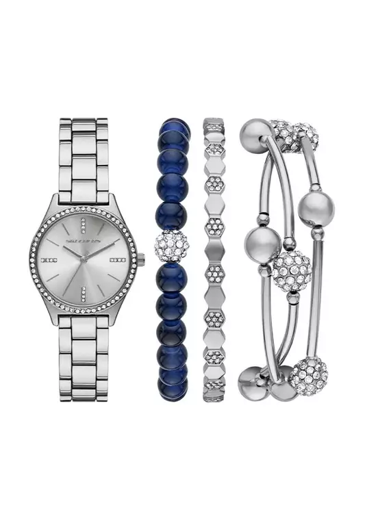 Silver Stackable Watch and Bracelet Set Silver Alloy Bracelet Analog Watch SKC-SR9109