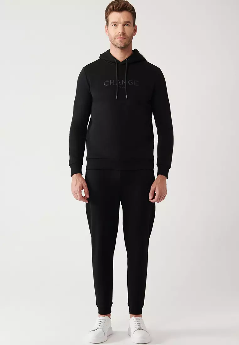 Men's Black Hooded 3 Thread Raised Printed Sweatshirt A32Y1240