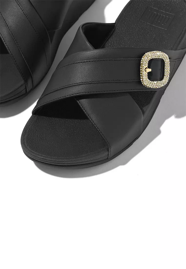 FitFlop LULU Crystal-Buckle Leather Cross Slides - Black (HO1-001)