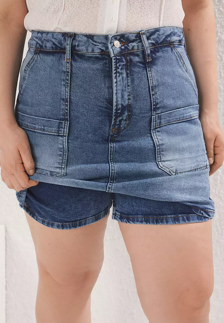 Blue High Waist Denim Plus Size Shorts Skirt Tbbss25Ap00022