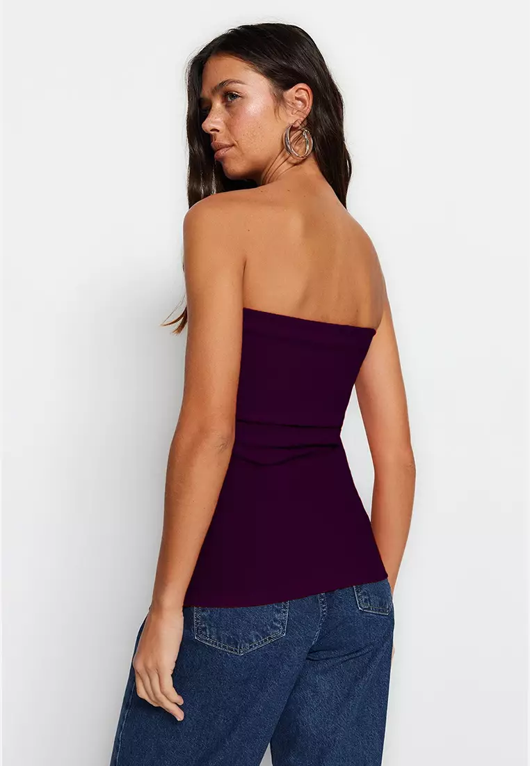 Plum Strapless Collar Side Zipper Crepe Knit Blouse