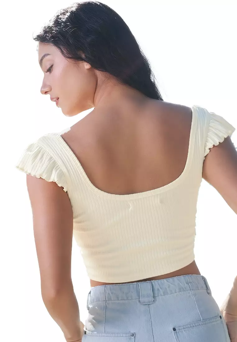 Pointelle Jersey Top With Ruffle Sleeves