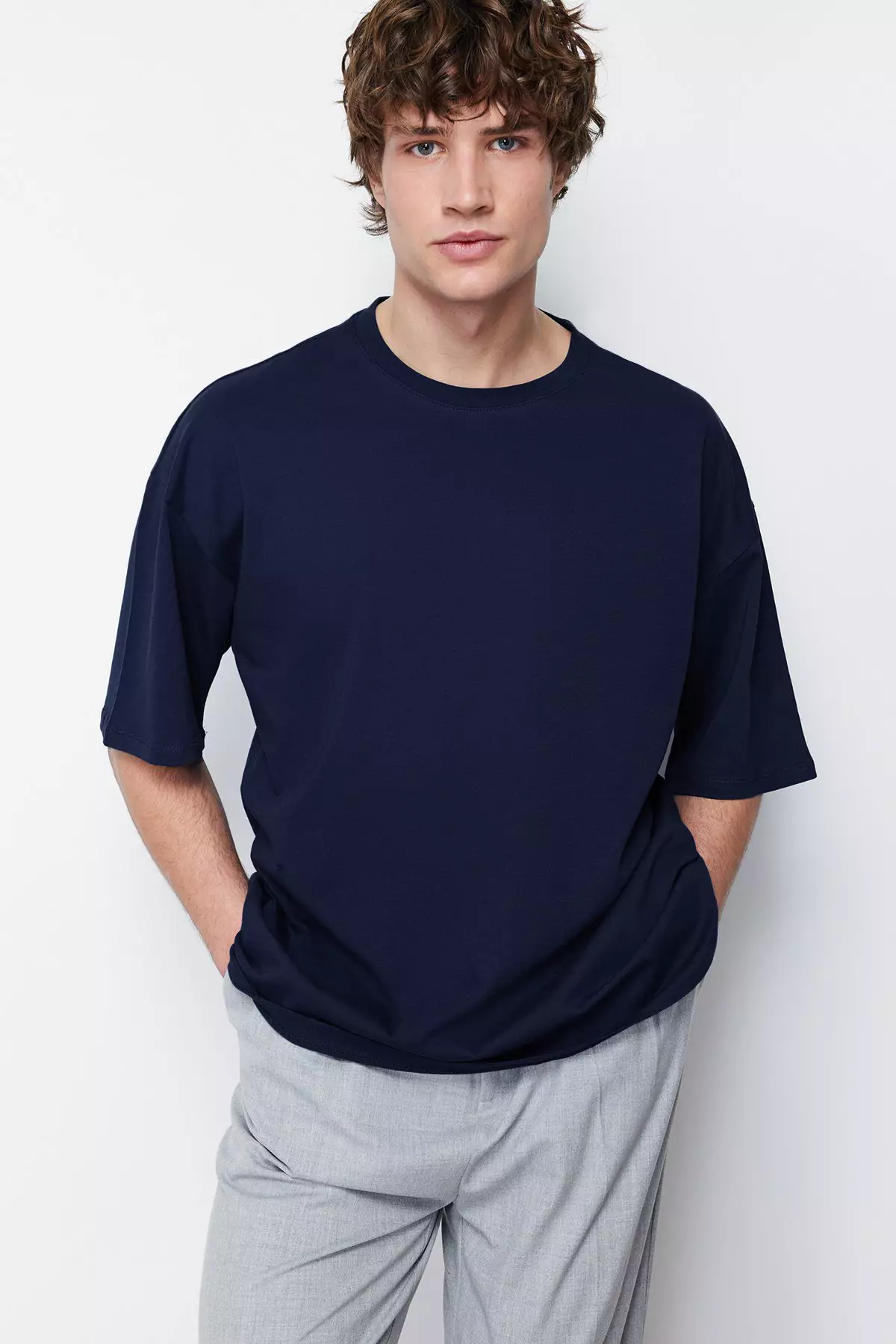 Navy Blue Oversize Crew Neck 100% Cotton T-Shirt - Tmnss22Ts0318
