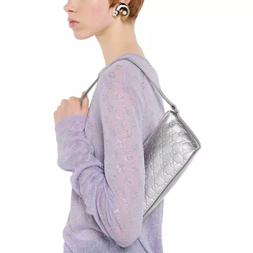 GG Emblem Small with D Ring Shoulder Bag Leather Silver
