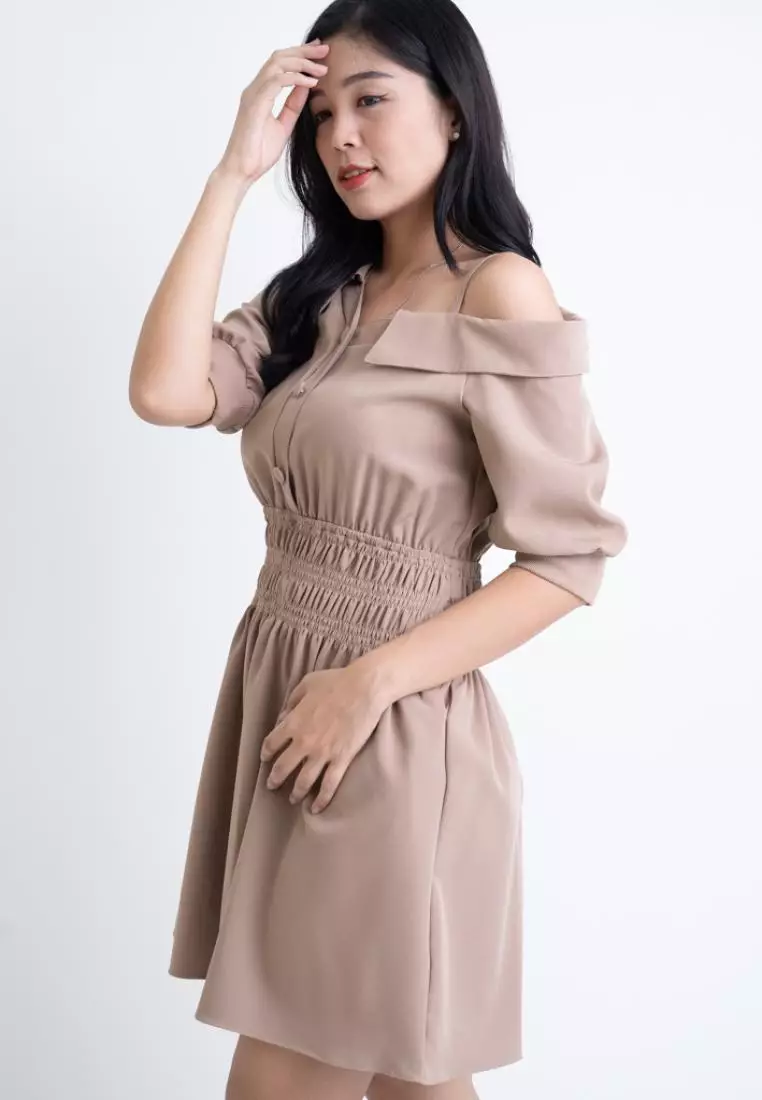 SIDE SHOULDER WITH ELASTICITY WAISTBAND DRESS