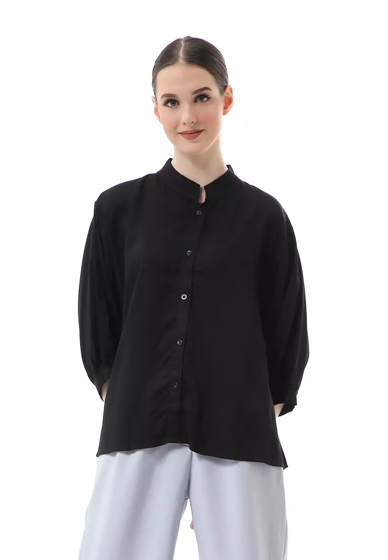 Ghita Kemeja Atasan Wanita Motif Polos Long Sleeve High Quality - Hitam