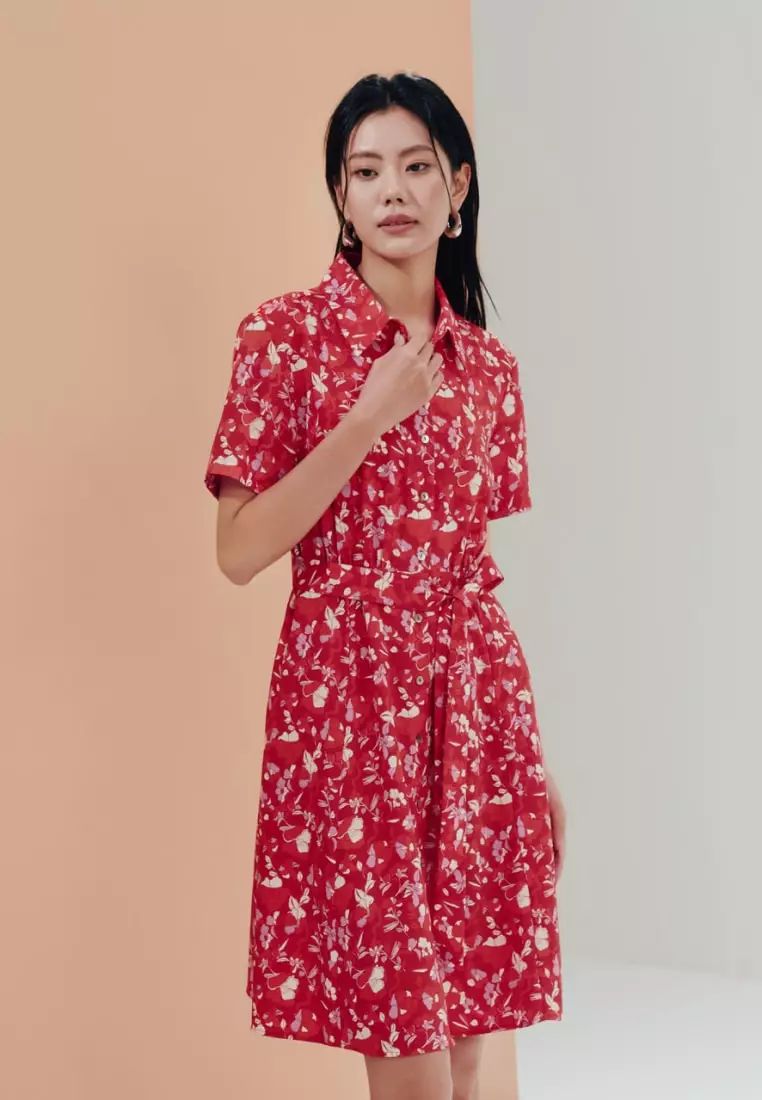 Floral Print Fit & Flare Shirt Collar Dress