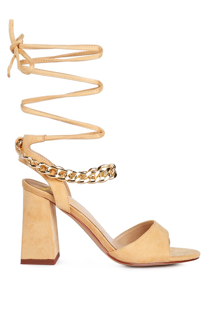Latte Chain Detail Tie Up Block Heels
