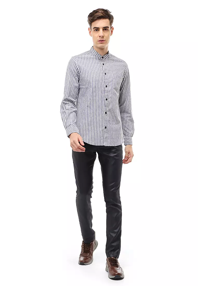 Dwan Atasan Kasual Kemeja Pria Lengan Panjang Motif Salur Material Cotton ORIGINAL - Gray