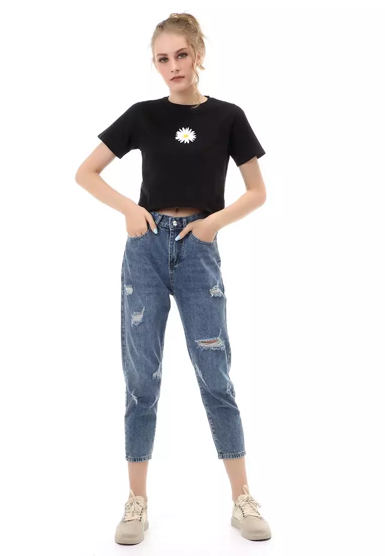 Genevie T-Shirt Kaos Crop Atasan Kasual Wanita Lengan Pendek Material Cotton Combad ORIGINAL - Black