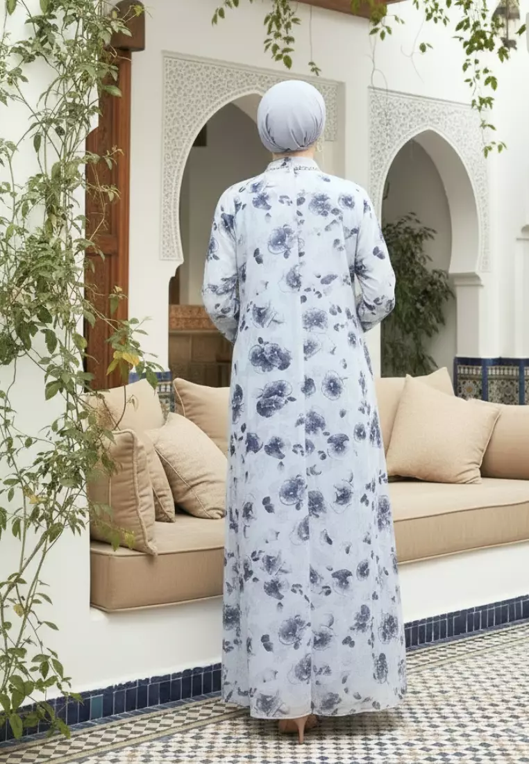 Mosleem Long Dress Floral Motif In Grey By Brilliant Girl Warna ABU-ABU