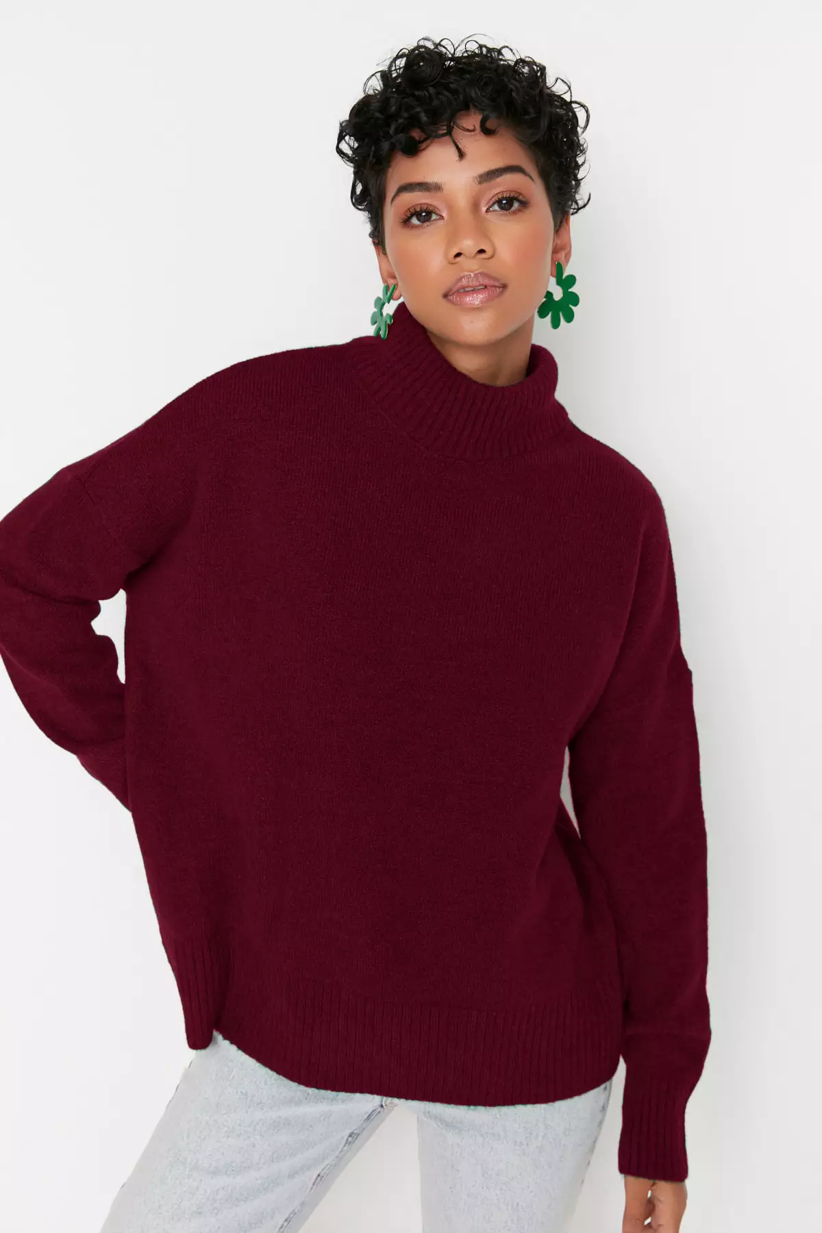 Claret Red Wide Pattern Soft Textured Stand Collar Knitwear Sweater