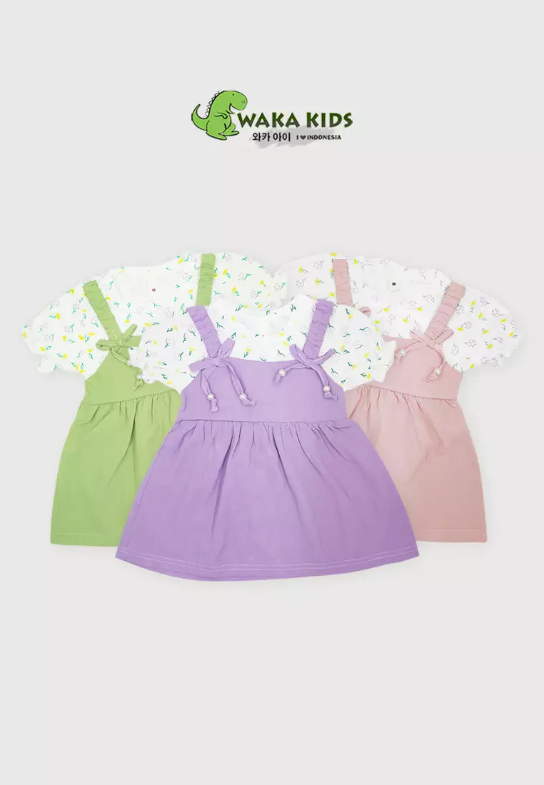 Wakakids Dress Bayi Anak Perempuan Lengan Pendek Katun Bunga Pita Karet 4483 Venrc Akula Ungu