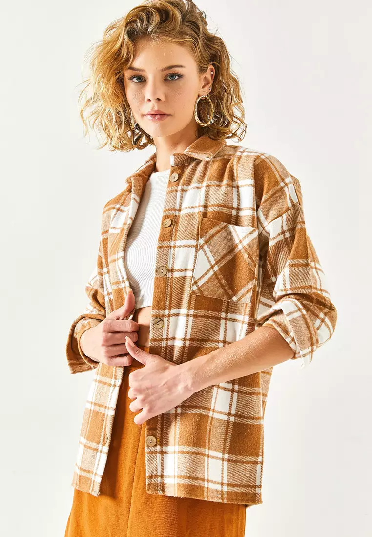 Beige One Pocket Thick Plaid Lumberjack Shirt