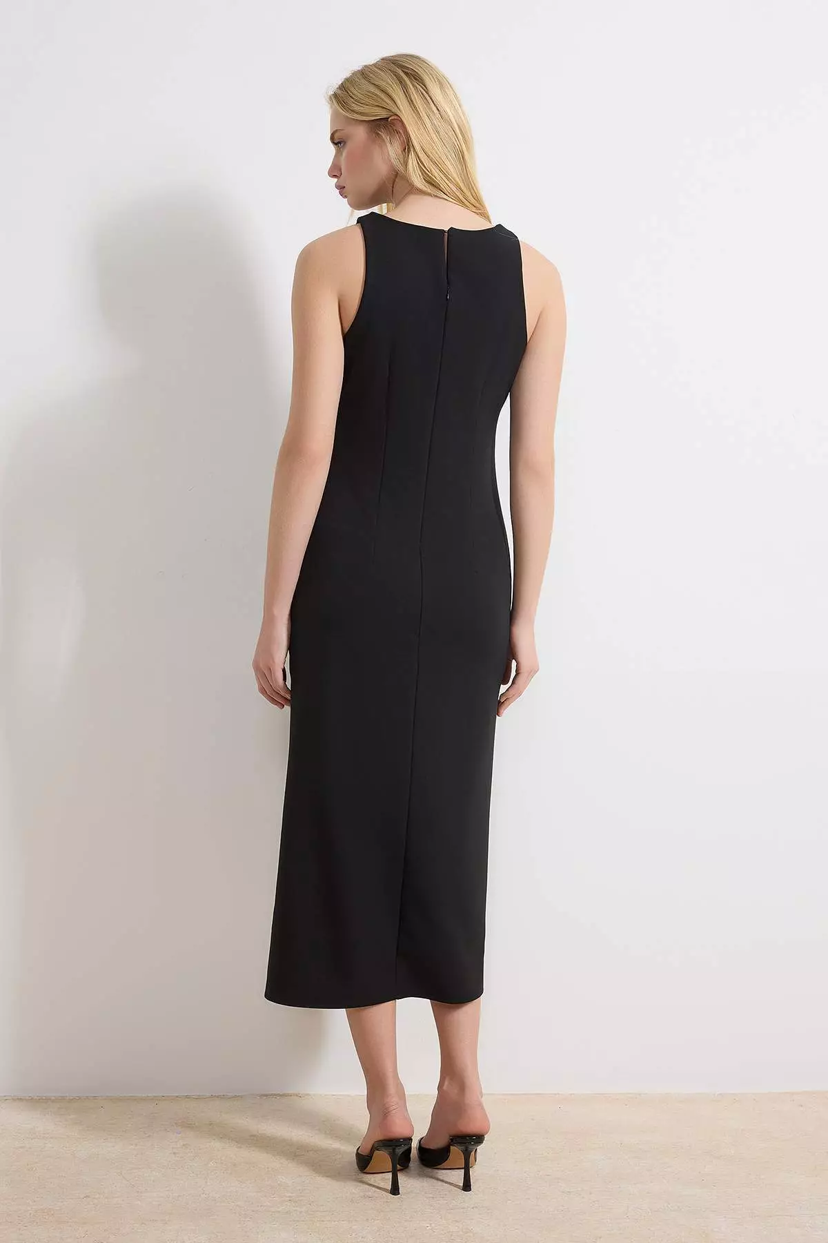 Black Button Detailed Midi Woven Dress Twoss26El83