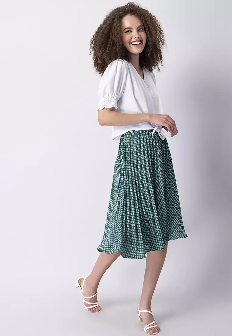 Green Pleated Satin Abstract Midi Skirt
