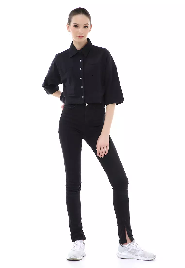 Brielle Atasan Wanita Kemeja Crop Oversize Shirt Lengan Panjang Material Linen ORIGINAL - Black