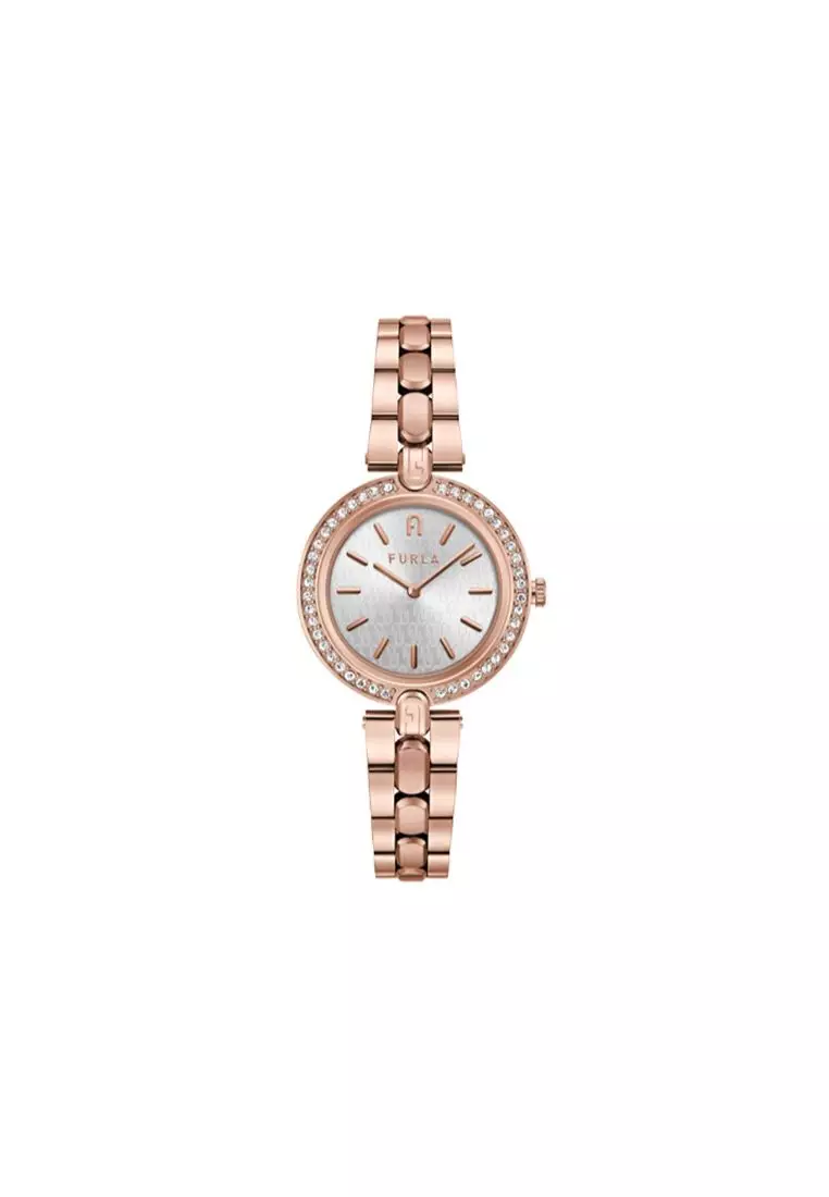FURLA LOGO LINKS Rose Gold Tone Case Silver Dial Watch