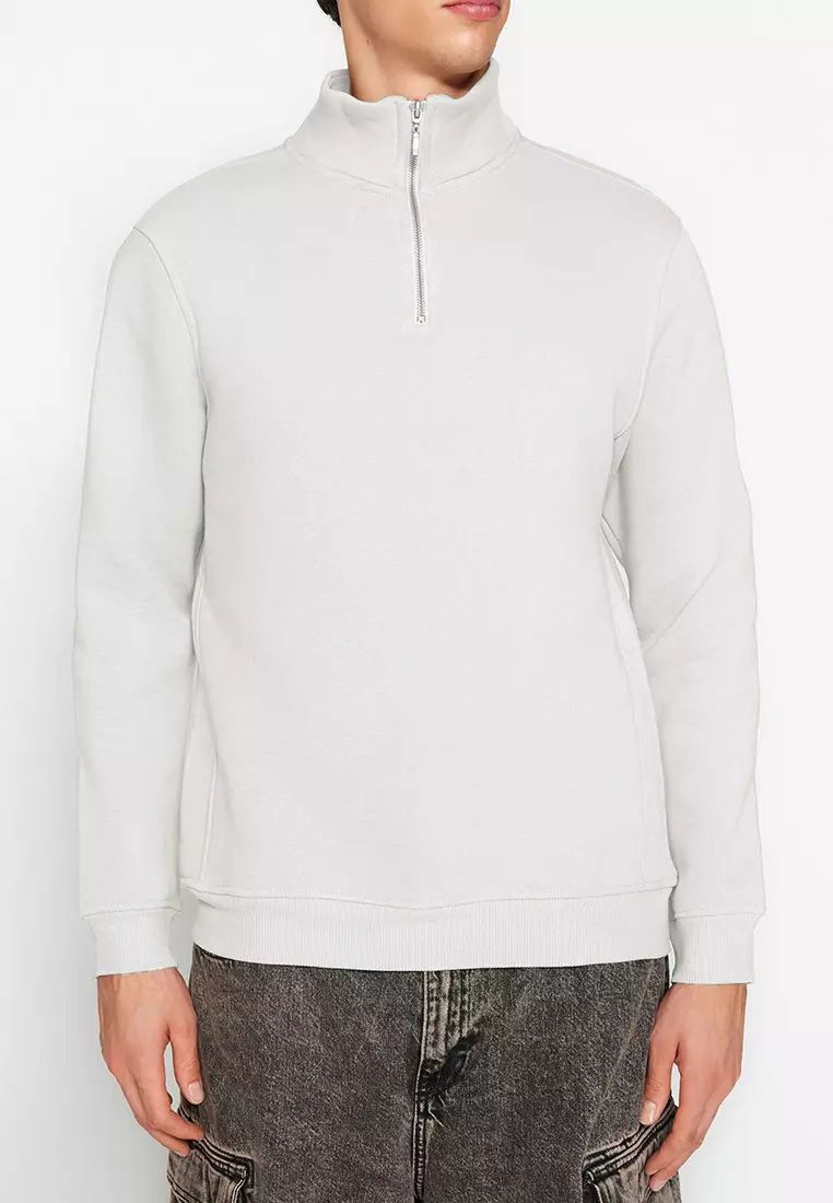 Ecru Regular/Normal Cut Stand Collar Zippered Inside Polar Fleece/Warm Basic Sweatshirt TMNAW24SW00041