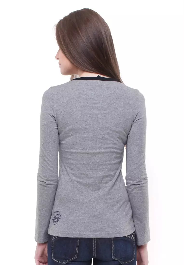 LGS Kaos Wanita Lengan Panjang Slim Fit Abu List Hitam Neck Size