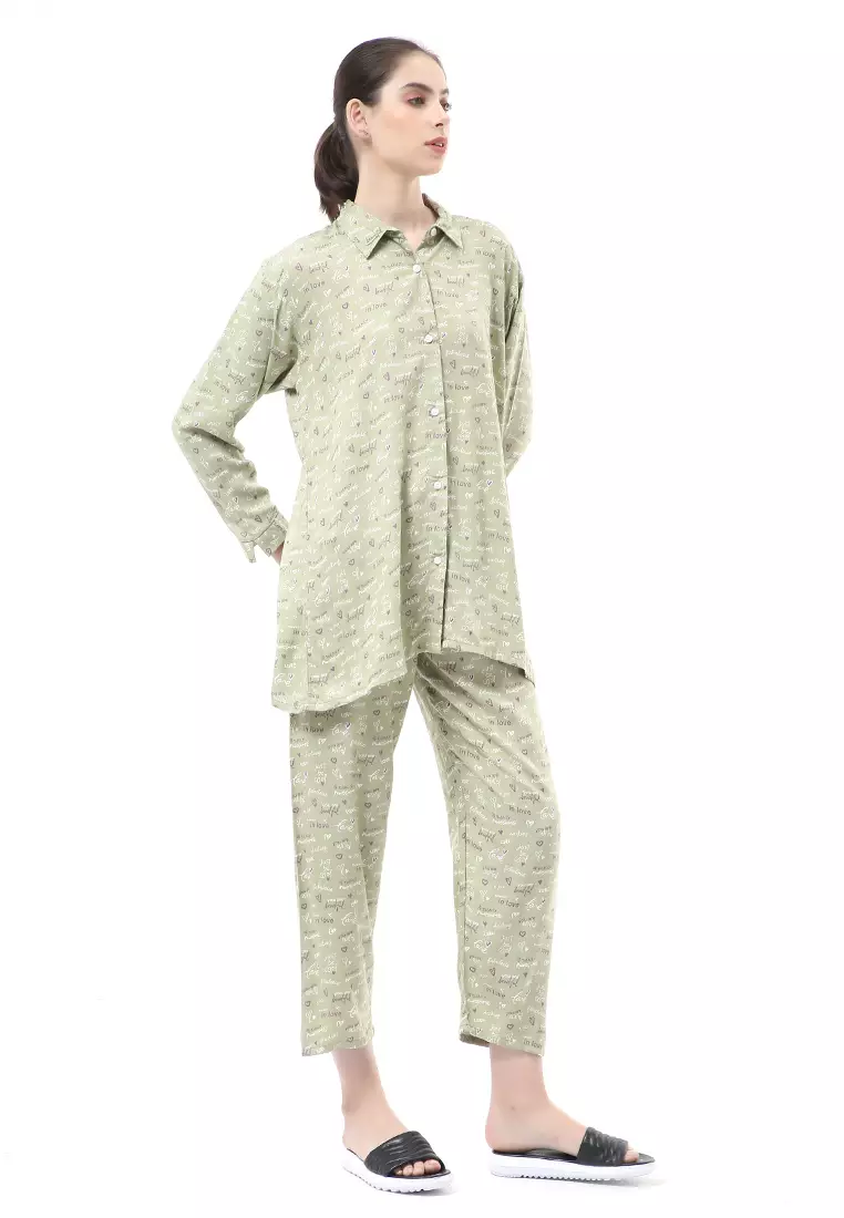 Nayra One Set Setelan Kemeja Wanita Lengan Panjang Love Motive Full Kancing Material Rayon ORIGINAL - Green