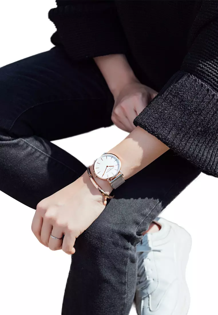 中性休闲表 男女通用 現代風格 38mm白色圓形表盤不鏽鋼網狀表帶-銀色