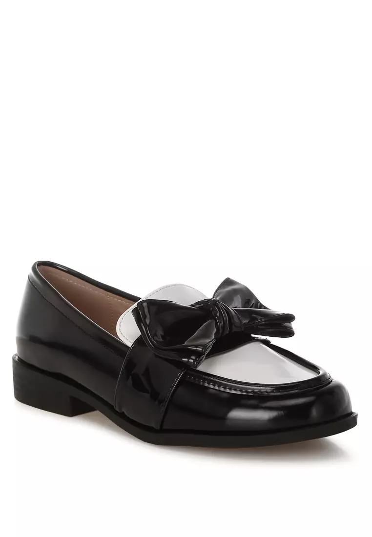 Sepatu Loafer Chunky Bow Klasik Warna Hitam/Putih