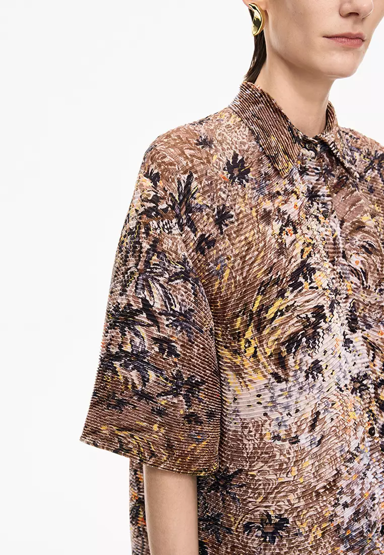 混纺图案元素花型宽松短袖衬衣