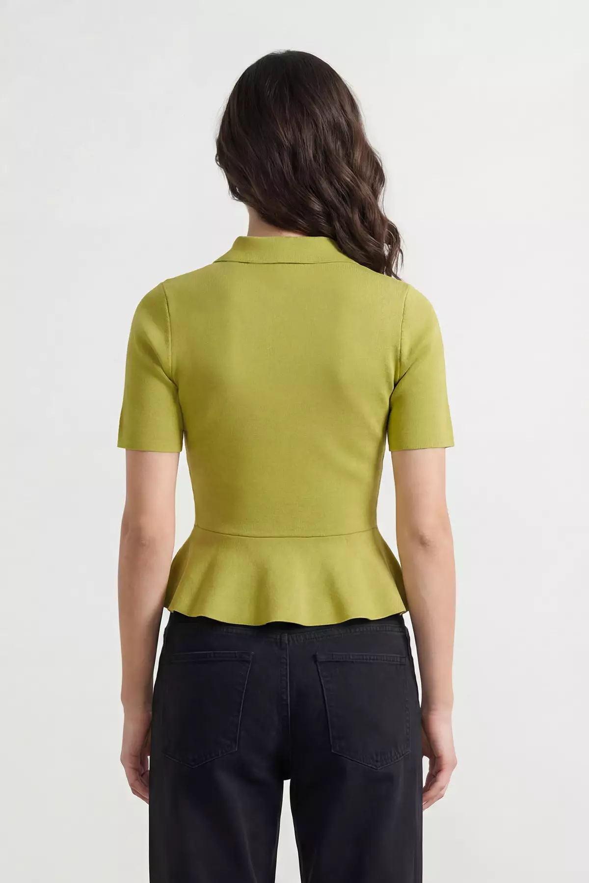 Oil Green Peplum/Waist Fitted Button Detailed Knitwear Blouse Twoss26Bz158