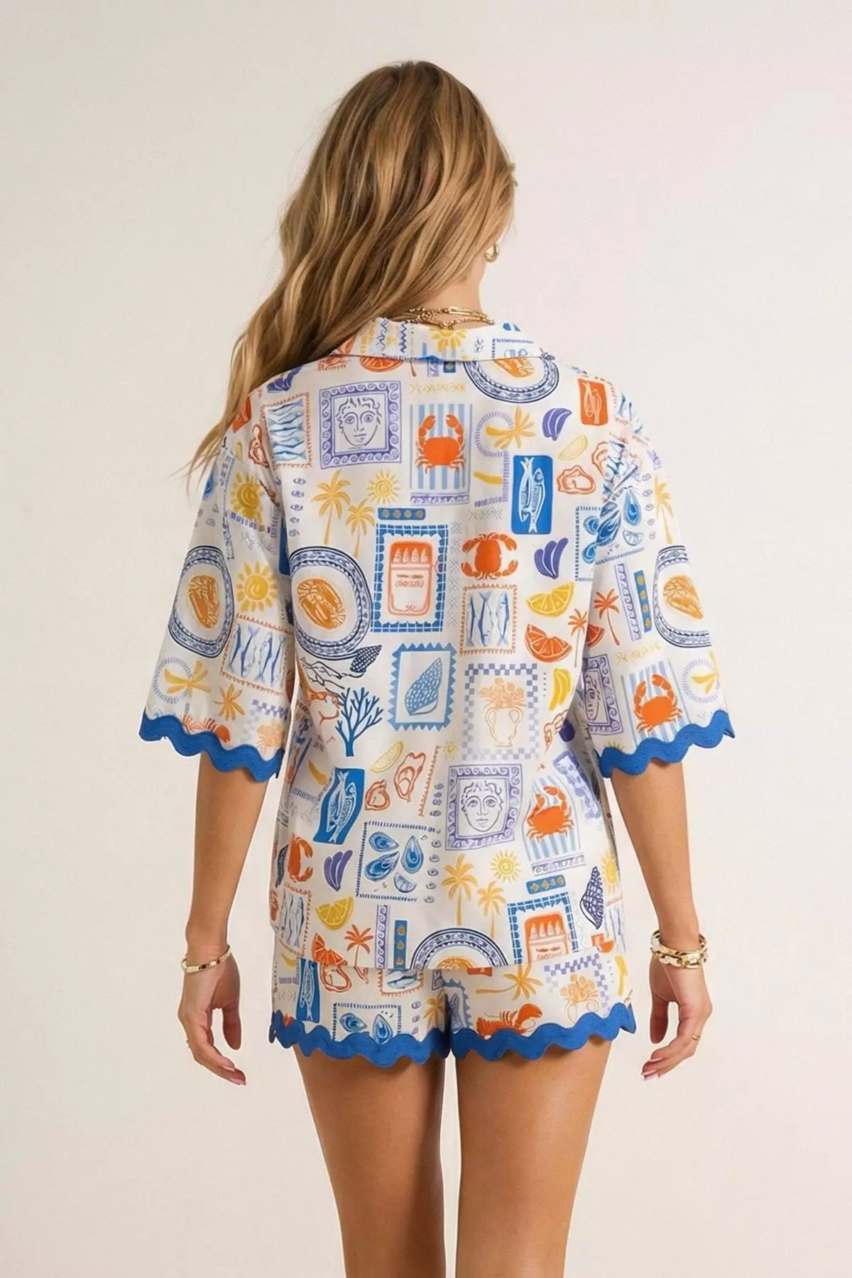 Underwater Mix Pattern Woven Stripe Beach Shirt-Shorts Set Tbess25Au47