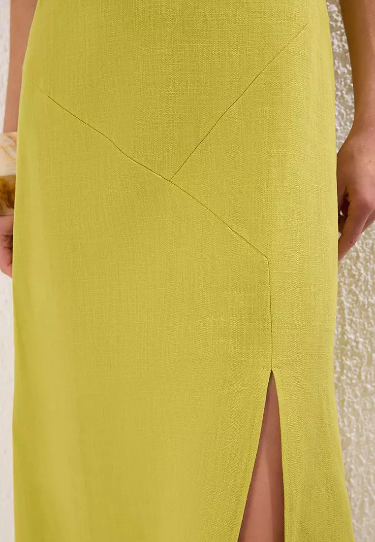 Oil Green Linen Blended A-Line Maxi Woven Dress Twoss25El00644