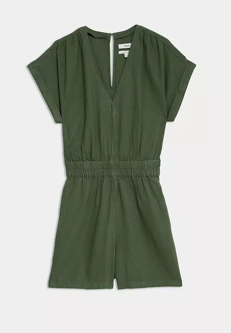 Linen Rich V-Neck Short Sleeve Playsuit