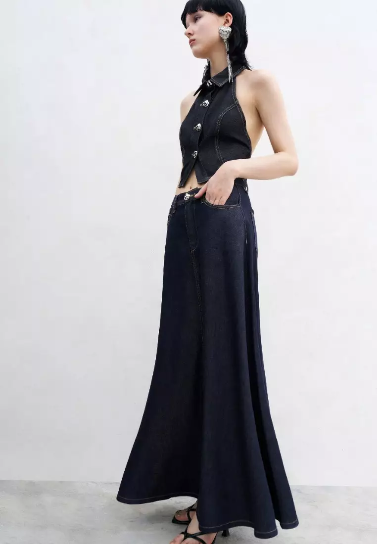 女装辣妹风挂脖露背设计感洗水牛仔衬衫