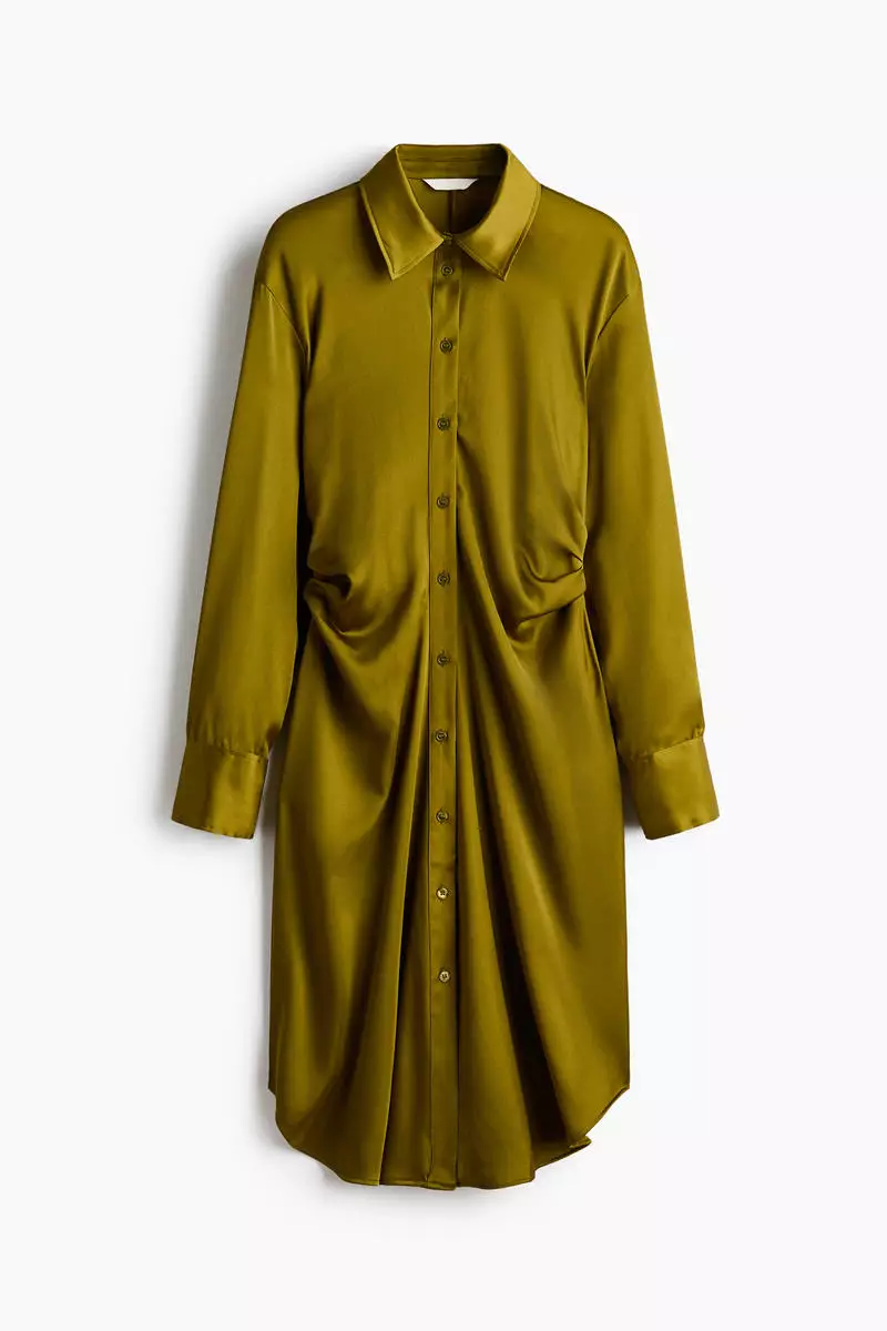 h&m olive green shirt dress Mae Linen Blend - Highland cut hem with a small slit at each side Green Silk Shirt Dress Women's