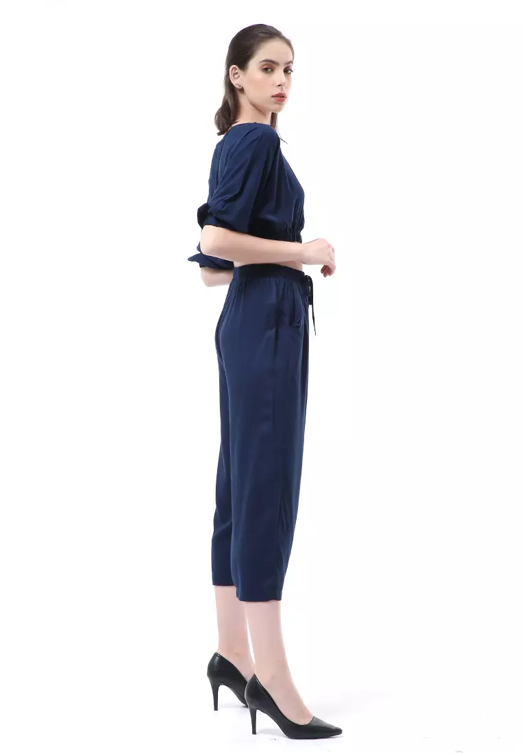 Nayra One Set Setelan Wanita Atasan Crop Lengan 3/4 Celana Kulot Material Rayon ORIGINAL - Navy
