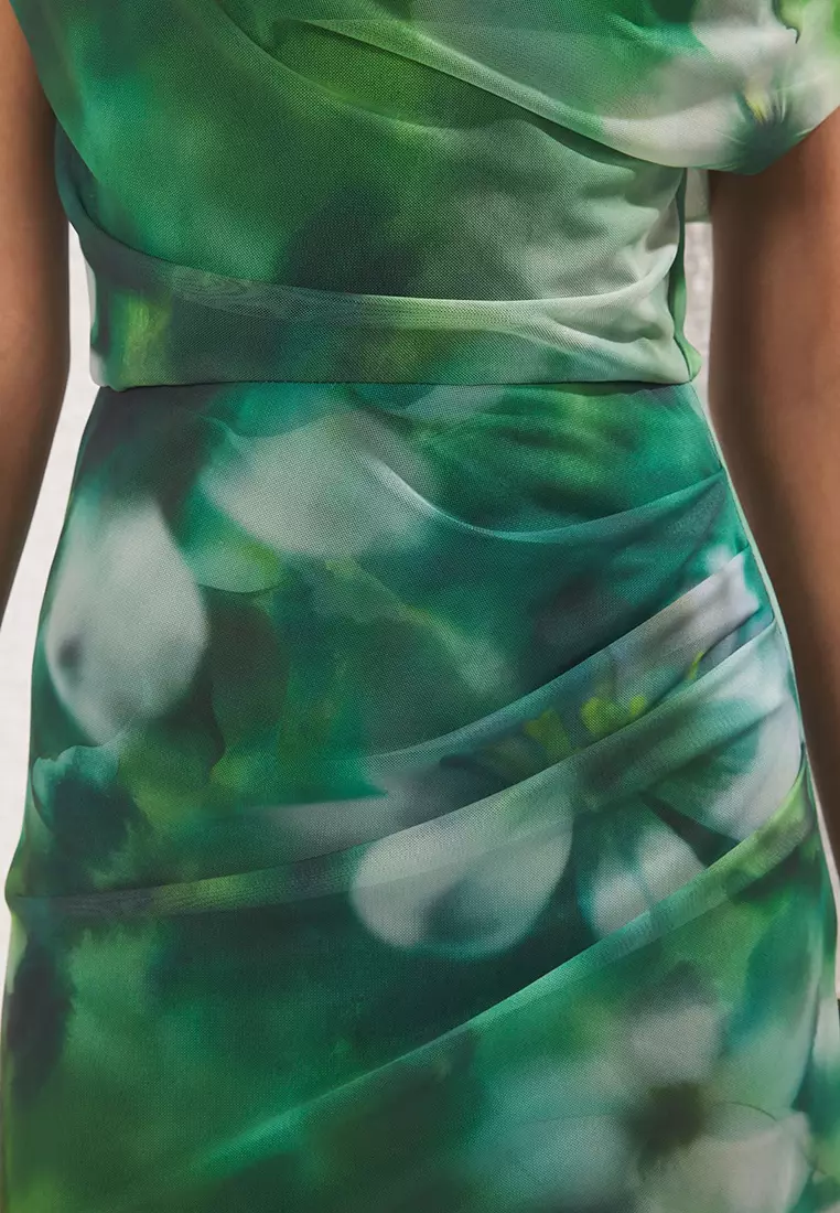 Green-Multicolored Abstract Patterned Lined Tulle Knit Midi Evening Prom Dress TPRSS25EL00015