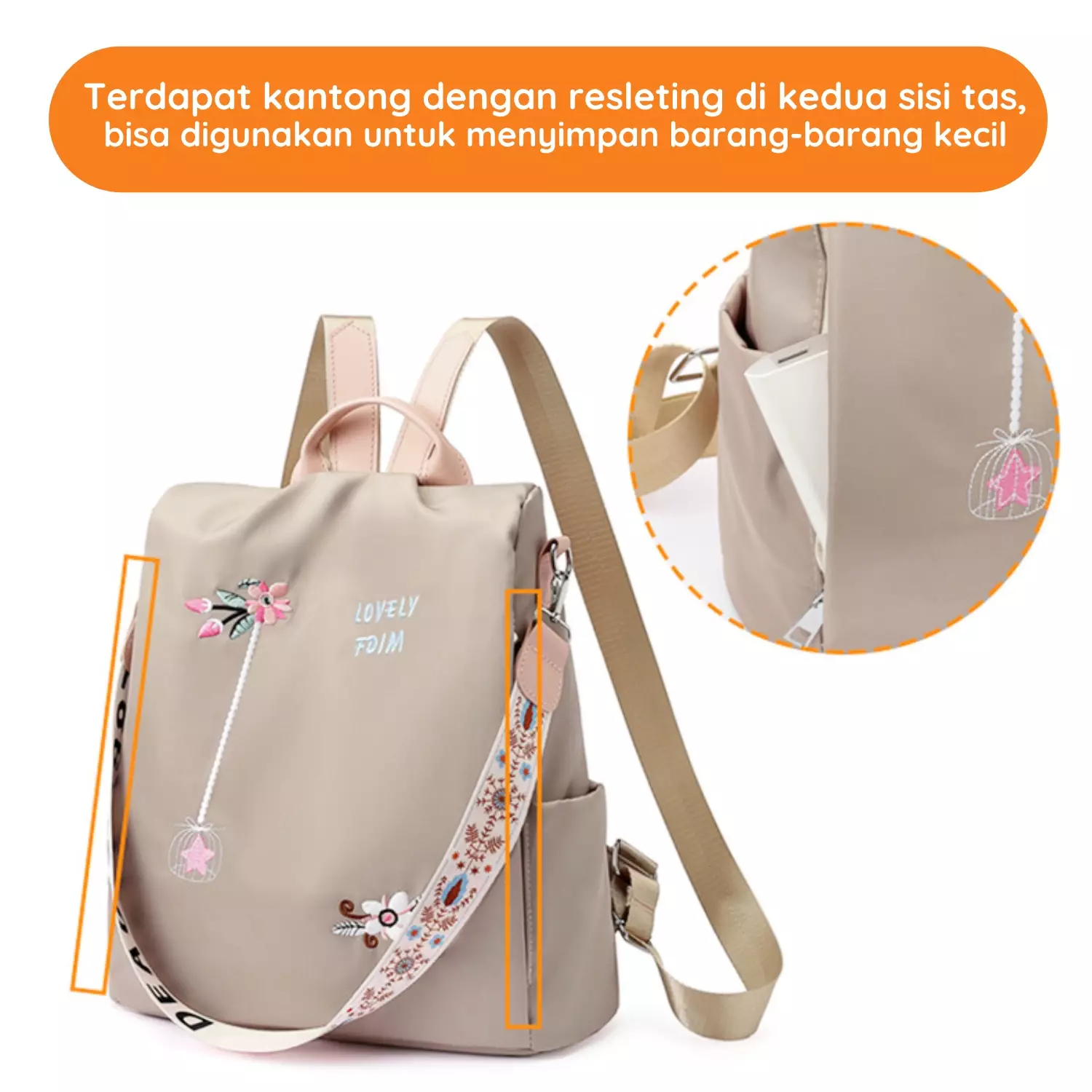 Wakakids Tas Backpack Wanita 2in1 Ransel dan Selempang Lovely Flowers Anti Maling dan Air Venrz Hitam