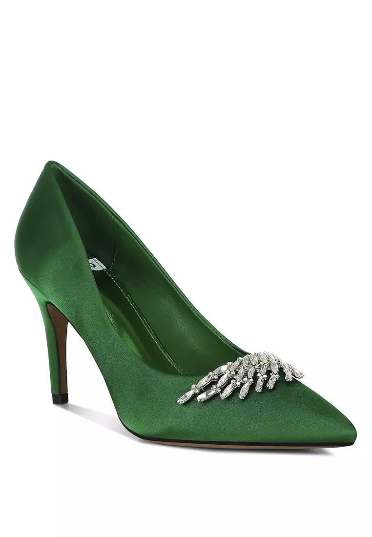 Diamante Brooch Detail Satin Pumps In Green