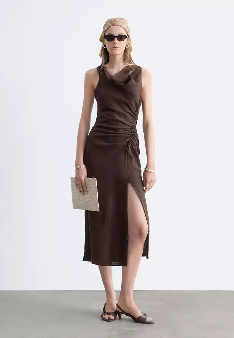 Twist-Strap Linen Midi Dress