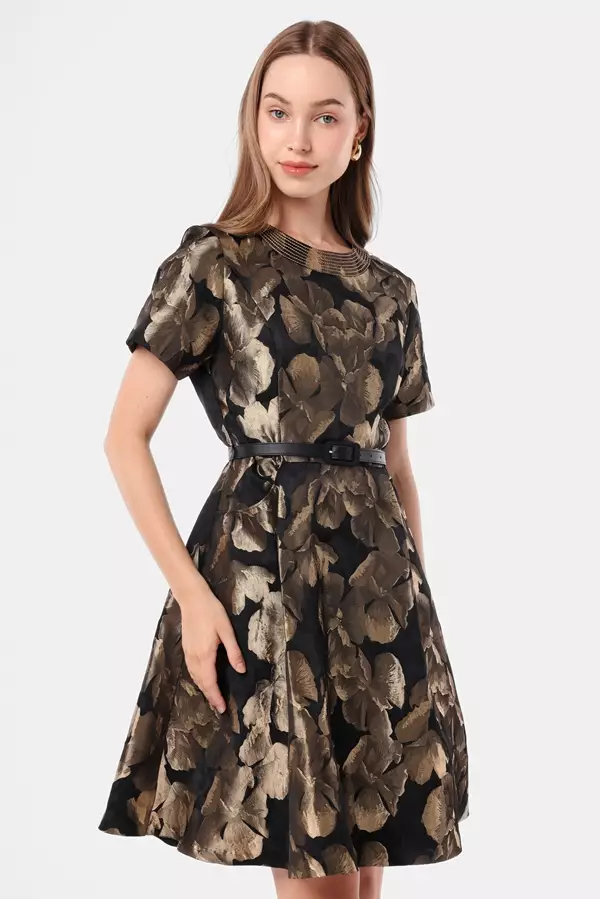 MINIMAL - Golda - Dress Jacquard Motif Bunga - Black