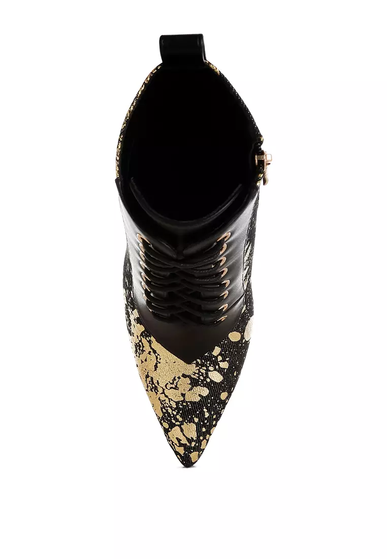 Abstract Pattern Lace-Up Ankle Boots in Black