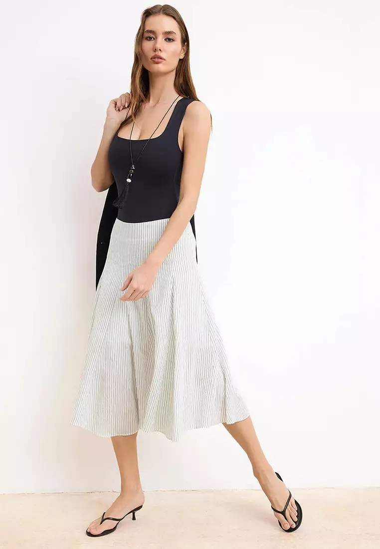 White Striped Lined Flared Midi Skirt Twoss26Et73