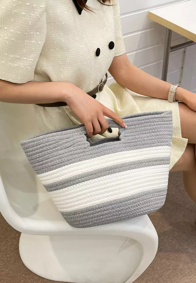 Straw Bag Grey Lara Women's Stripe Woven Straw Tote Bag Handle Bag - Main Image