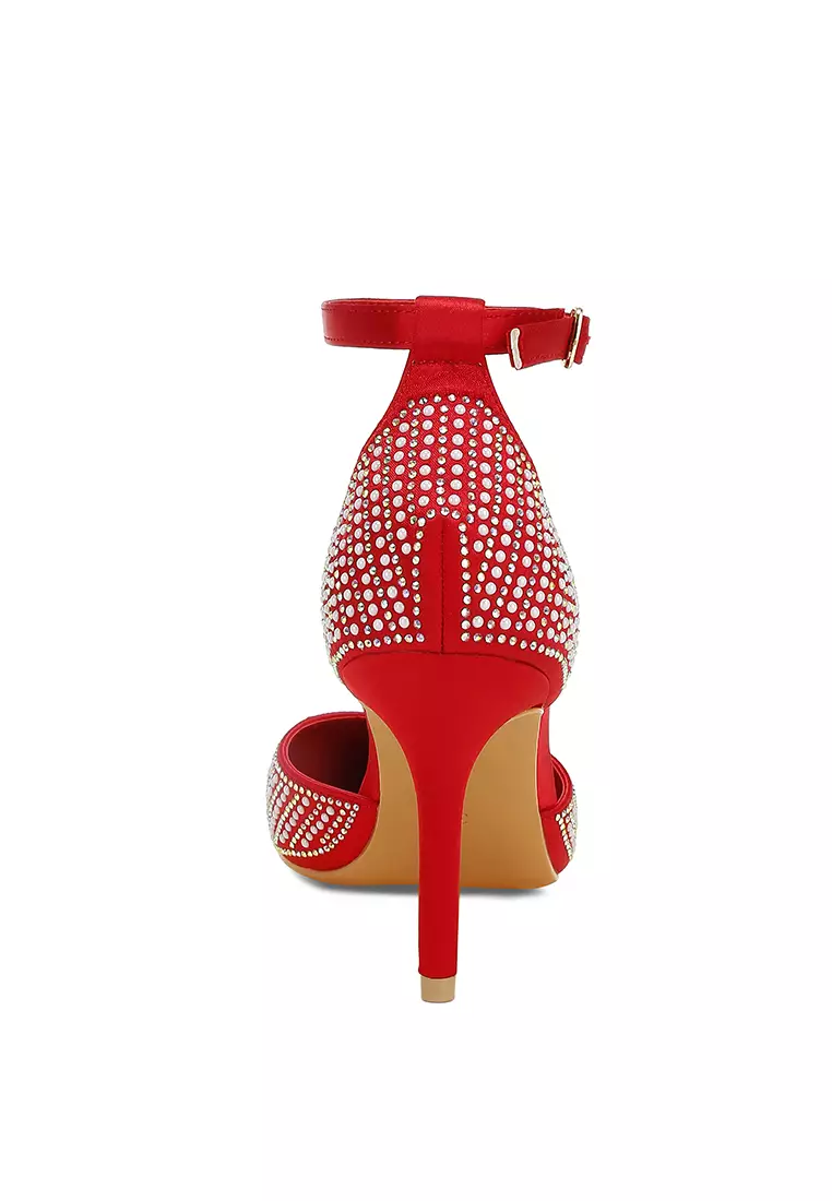 Pearls & Sequins Embellished Stiletto Sandals in Red